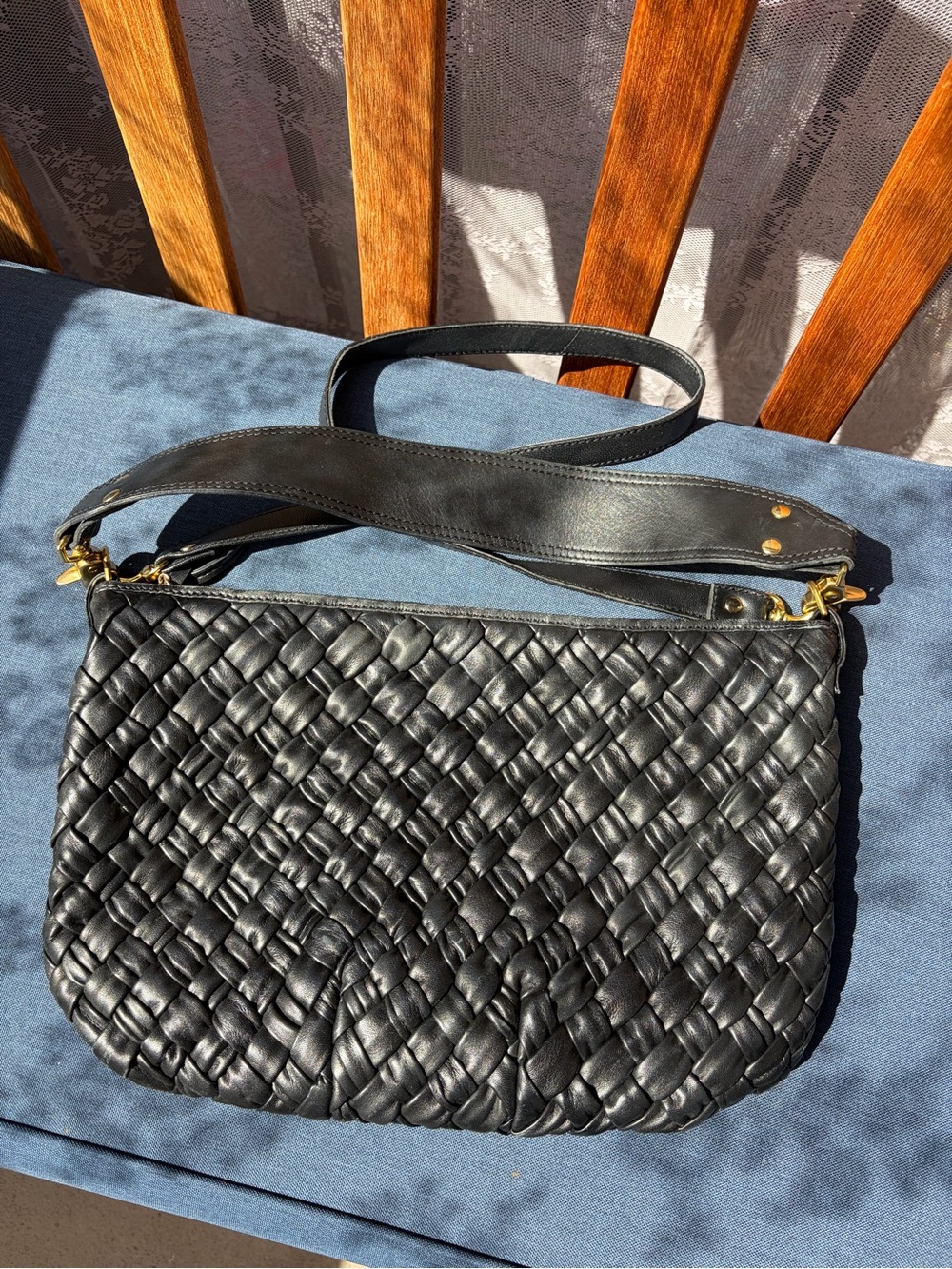 Clare V Moyen Messenger Bag Black Puffy Diagonal Woven